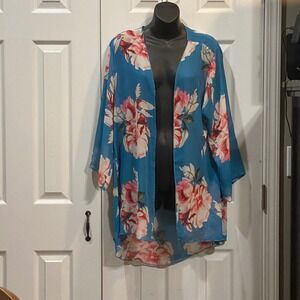 Blue‎ Floral Print Kimono Open Front Lightweight Cover Up Women's